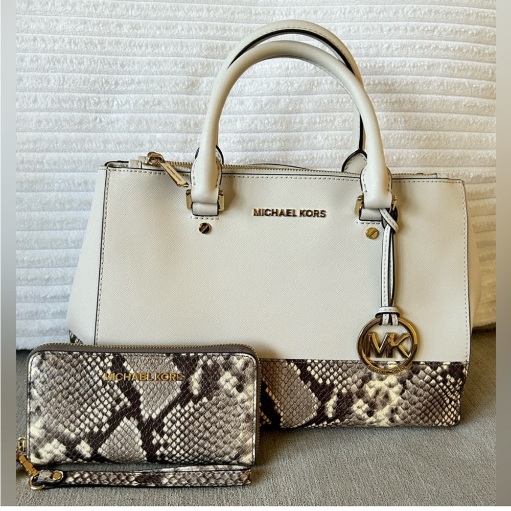 Michael Kors Sutton Medium Satchel- Beige/snakeskin with matching wallet